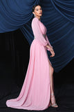 Pink Chiffon Long Sleeves Ball Dress With Slit