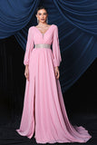 Pink Chiffon Long Sleeves Ball Dress With Slit