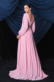 Pink Chiffon Long Sleeves Ball Dress With Slit