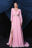 Pink Chiffon Long Sleeves Ball Dress With Slit