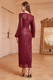 Sparkly Burgundy V-Neck Ball Dress With Long Sleeves