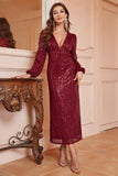 Sparkly Burgundy V-Neck Ball Dress With Long Sleeves