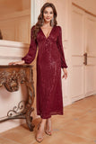 Sparkly Burgundy V-Neck Ball Dress With Long Sleeves