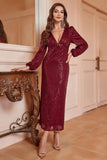 Sparkly Burgundy V-Neck Ball Dress With Long Sleeves