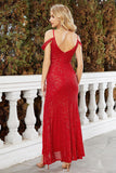 Sparkly Red Sequined Cold Shoulder Ball Dress With Slit