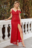 Sparkly Red Sequined Cold Shoulder Ball Dress With Slit