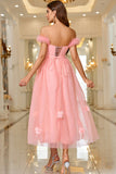 Pink A Line Off The Shoulder Ball Dress with Lace Up Back