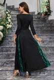 Sparkly Black Green Sequined A Line Ball Dress With Long Sleeves