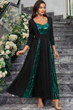 Sparkly Black Green Sequined A Line Ball Dress With Long Sleeves