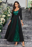 Sparkly Black Green Sequined A Line Ball Dress With Long Sleeves