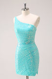 Sparkly Mint One Shoulder Tight Short Homecoming Dress with Sequins