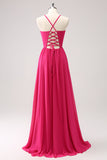 Fuchsia Spaghetti Straps Chiffon Long Bridesmaid Dress with Slit