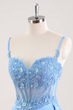 Blue Spaghetti Straps Corset Floral Tight Short Homecoming Dress