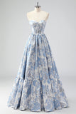 Cute Blue A-Line Sweetheart Brocade Corset Long Prom Dress