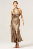 Golden Mermaid Halter Neck Backless Tea Length Bridesmaid Dress