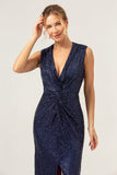 Sparkly Navy Sheath V-Neck Sequins Tea Length Prom Dress with Slit