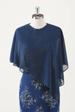 Navy Applique Sheath Tea Length Mother of the Bride Dress with Wrap