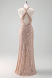 Glitter Blush Mermaid Halter Backless Long Prom Dress