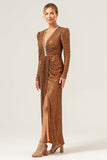 Sparkly Coffee Sheath V-Neck Sequins Long Prom Dress