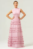 Blush A-Line Ruffled Chiffon Long Bridesmaid Dress with Open Back