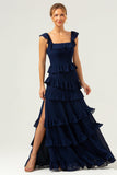 A-Line Square Neck Tiered Chiffon Long Dark Navy Bridesmaid Dress