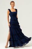 A-Line Square Neck Tiered Chiffon Long Dark Navy Bridesmaid Dress