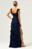 A-Line Square Neck Tiered Chiffon Long Dark Navy Bridesmaid Dress