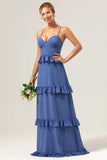 Dark Blue A-Line Spaghetti Straps Tiered Chiffon Long Bridesmaid Dress