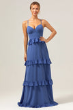 Dark Blue A-Line Spaghetti Straps Tiered Chiffon Long Bridesmaid Dress