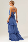 Dark Blue A-Line Spaghetti Straps Tiered Chiffon Long Bridesmaid Dress