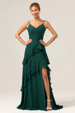 Dark Green A-Line Spaghetti Straps Chiffon Long Bridesmaid Dress with Ruffles