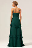 Dark Green A-Line Spaghetti Straps Chiffon Long Bridesmaid Dress with Ruffles