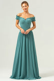 A-Line Off The Shoulder Pleated Chiffon Green Long Bridesmaid Dress