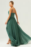 Eucalyptus A-Line Spaghetti Straps Pleated Chiffon Bridesmaid Dress with Slit