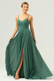 A-Line Spaghetti Straps Pleated Chiffon Eucalyptus Bridesmaid Dress with Slit