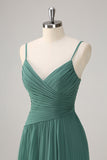 Eucalyptus A-Line Spaghetti Straps Pleated Chiffon Bridesmaid Dress with Slit