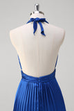 Royal Blue A Line Halter Pleated Long Prom Dress