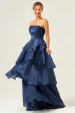 Dark Navy A Line Strapless Tiered Satin Long Prom Dress