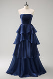 Dark Navy A Line Strapless Tiered Satin Long Bridesmaid Dress