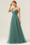 Eucalyptus Spaghetti Straps Tulle A-Line Long Bridesmaid Dress