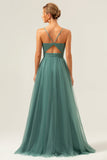 Eucalyptus Spaghetti Straps Tulle A-Line Long Bridesmaid Dress