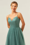 Eucalyptus Spaghetti Straps Tulle A-Line Long Bridesmaid Dress