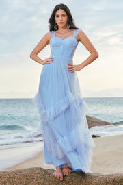 Blue Tulle Corset Spaghetti Straps Bridesmaid Dress with Ruffles