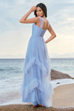 Blue Tulle Corset Spaghetti Straps Bridesmaid Dress with Ruffles