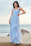 Blue Tulle Corset Spaghetti Straps Bridesmaid Dress with Ruffles