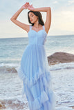 Blue Tulle Corset Spaghetti Straps Bridesmaid Dress with Ruffles