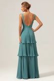 Eucalyptus A-Line Spaghetti Straps Chiffon Pleated Tiered Bridesmaid Dress