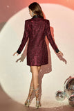 Glitter Burgundy Bodycon Maxi Women's Blazer with Sequins