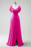 Fuchsia A Line Chiffon Long Bridesmaid Dress with Slit