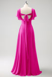 Fuchsia A Line Chiffon Long Bridesmaid Dress with Slit